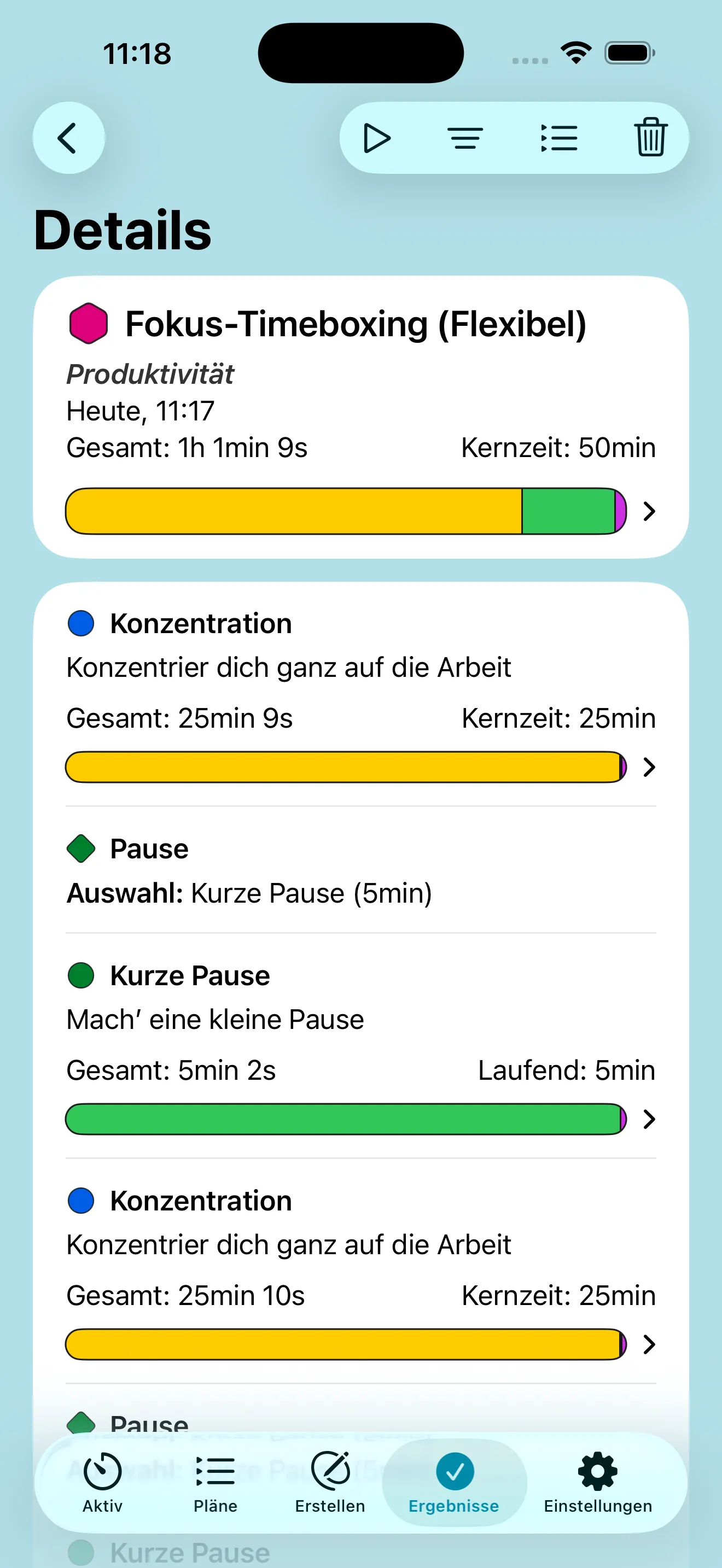 Screenshot einer Ergebnisübersicht für einen abgeschlossenen Adhoro-Timer