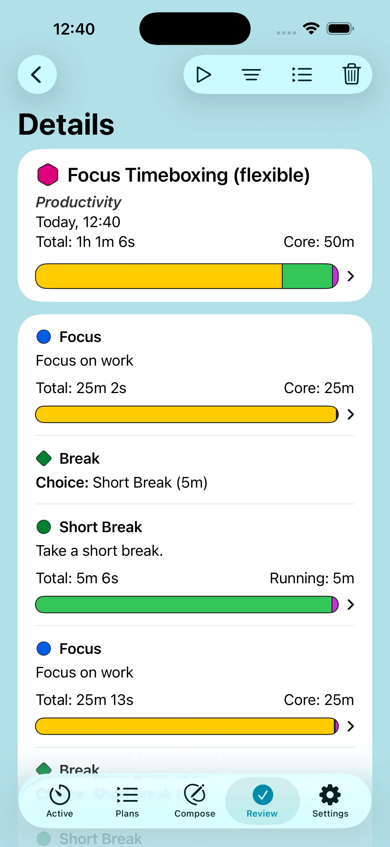 Screenshot of results for a completed Adhoro timer