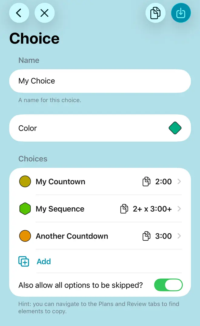 The editing screen for a choice element
