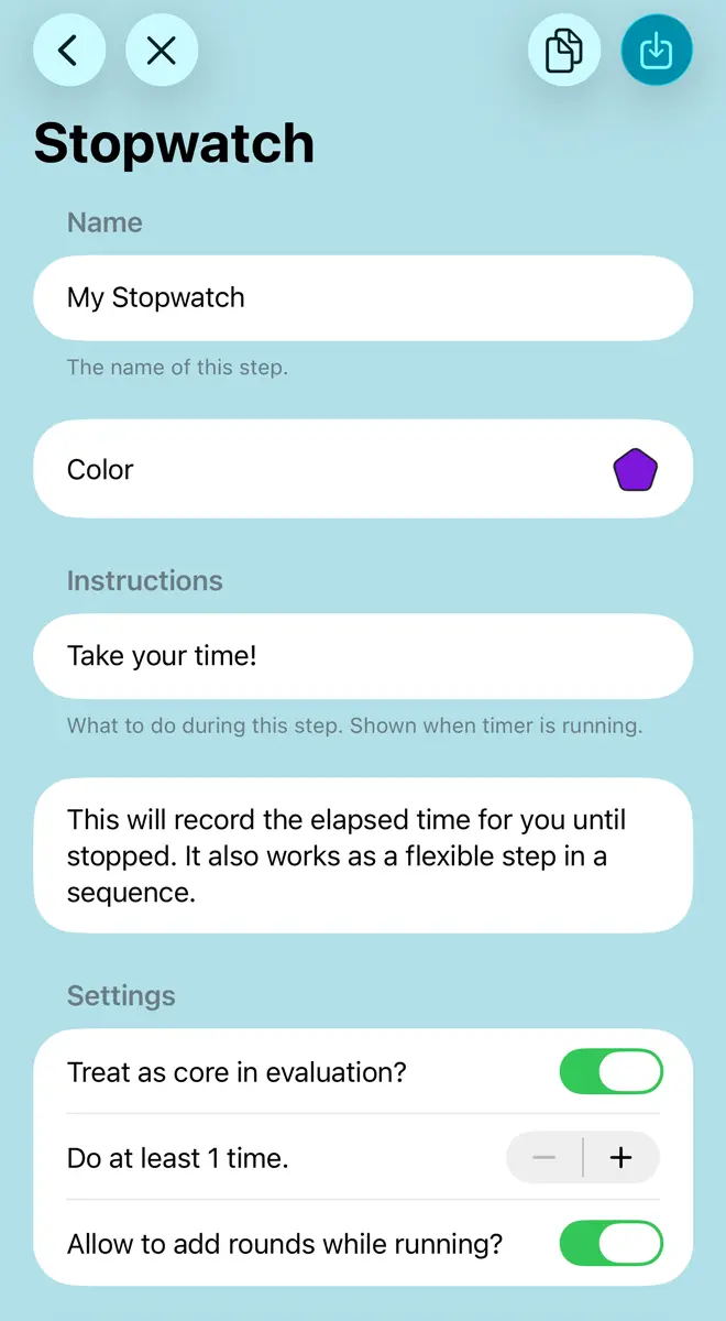 The editing screen for a stopwatch element