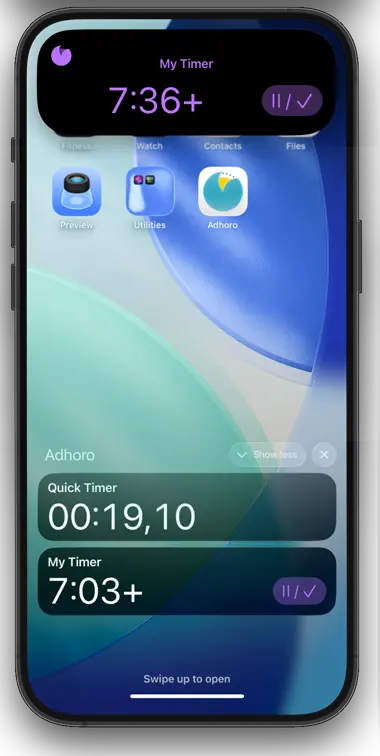 A view of a phone showing lock screen and Dynamic Island representations of 
            Adhoro Live Activities