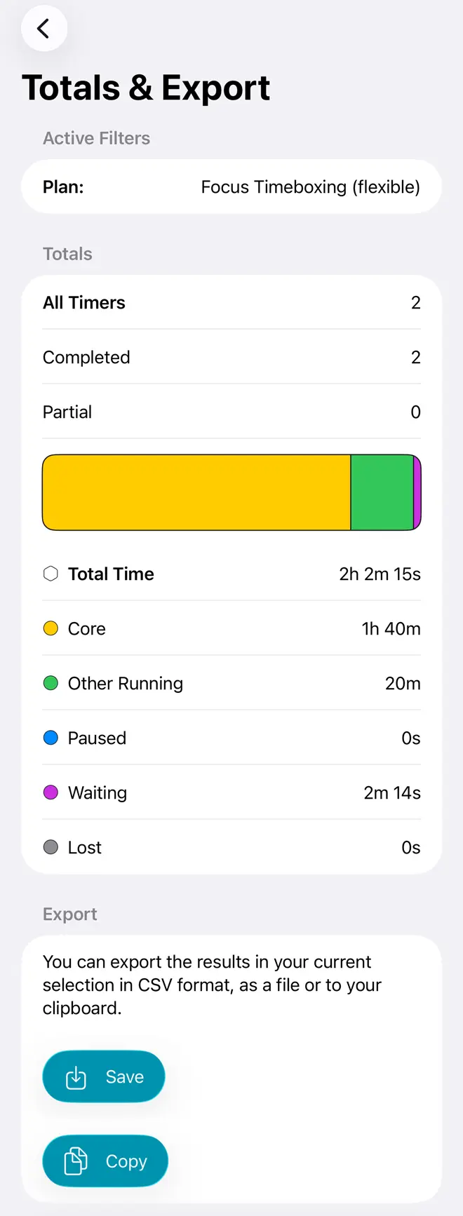 Totals and Export view for filtered timer results in Adhoro
