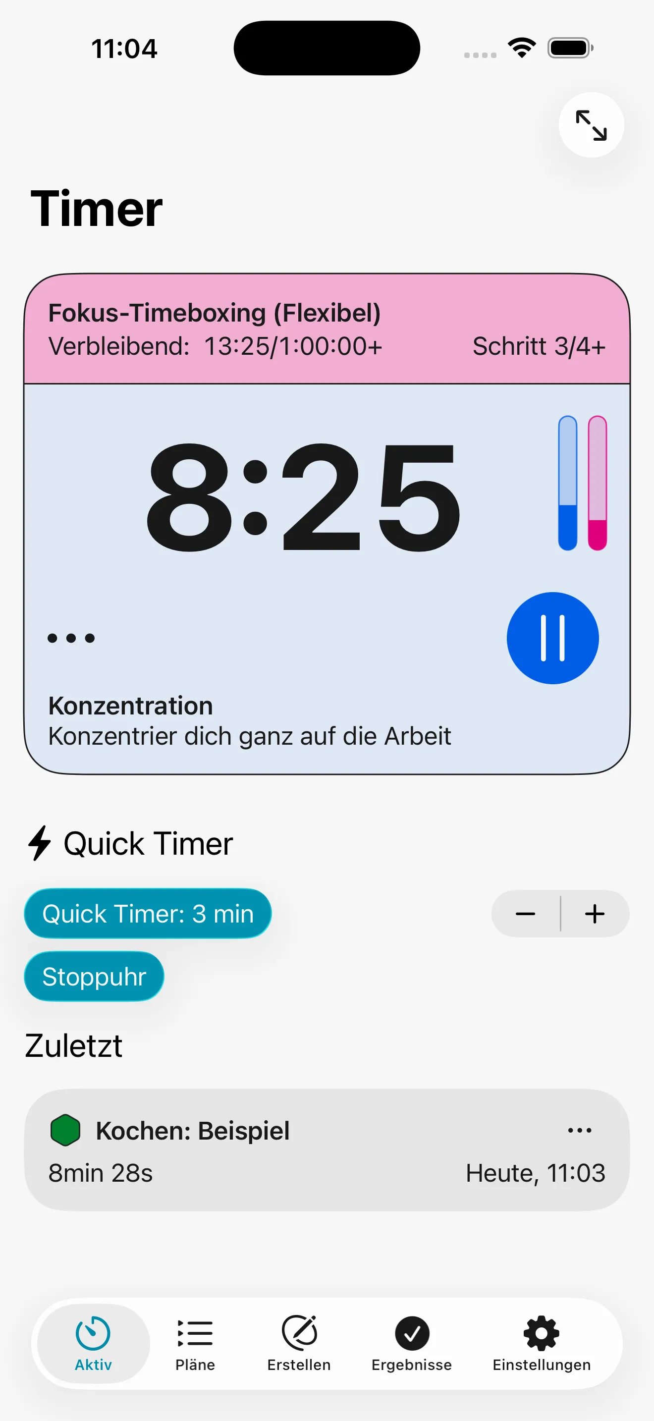 Screenshot eines laufenden Adhoro-Timers