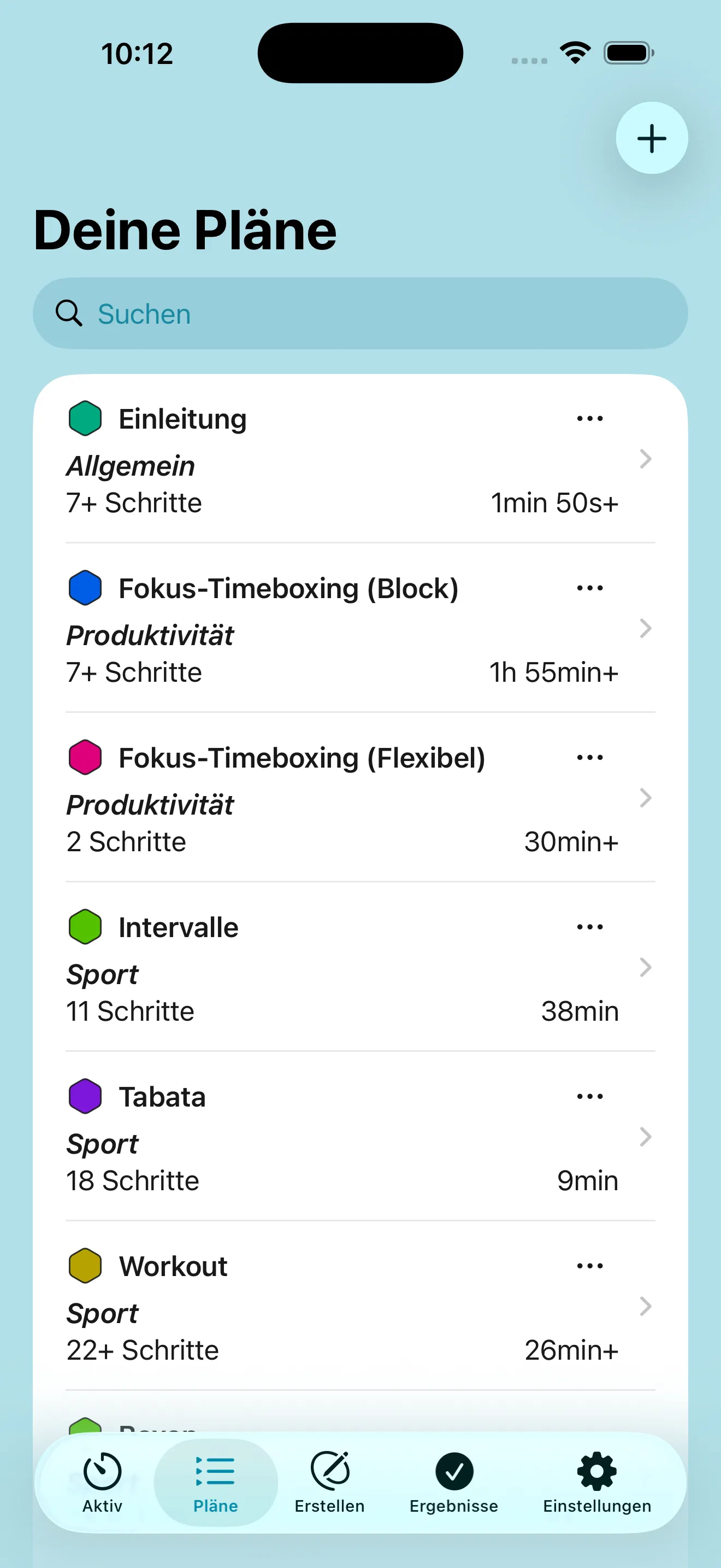 Screenshot von Adhoros Auswahlmenü für Pläne mit einigen Musterplänen für Timer