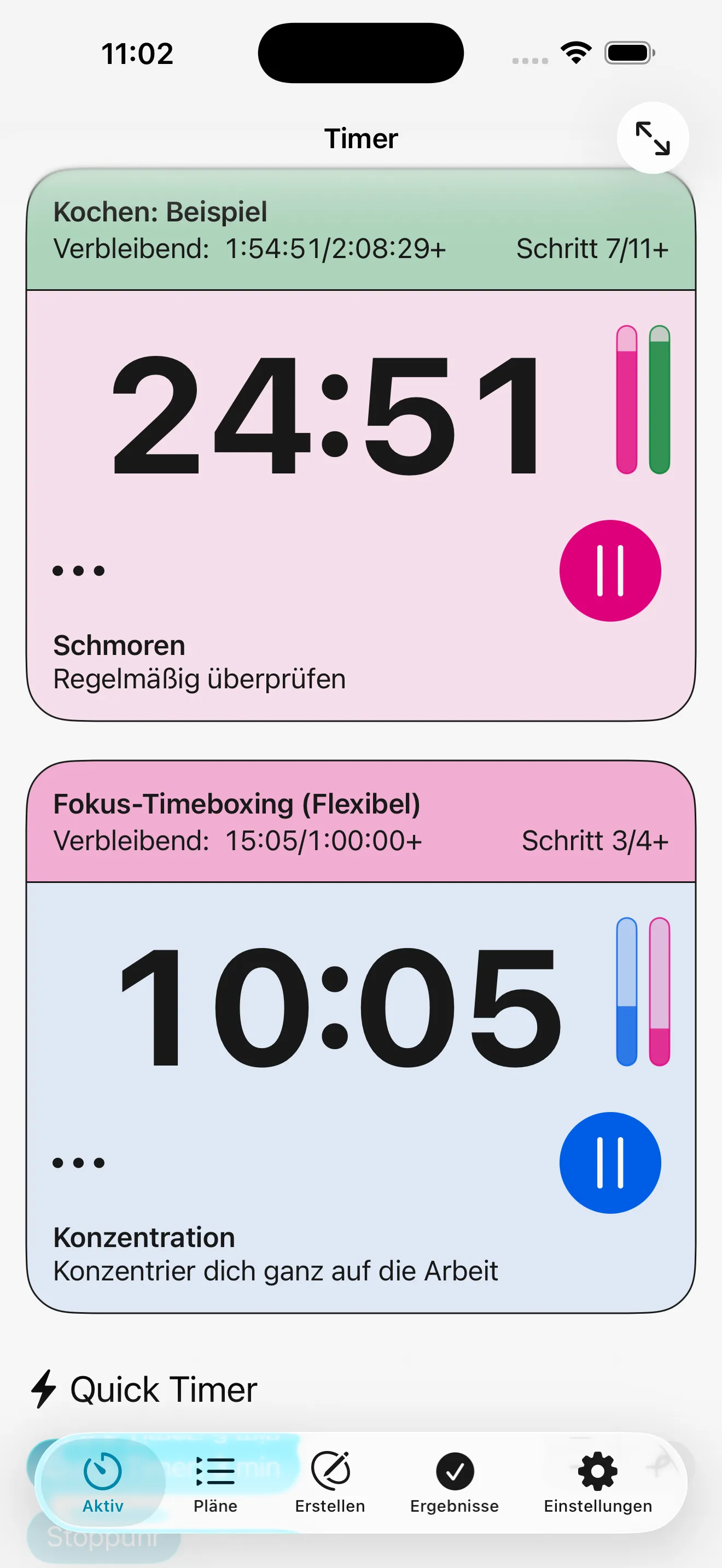 Screenshot zweier Adhoro-Timer, die gleichzeitig laufen